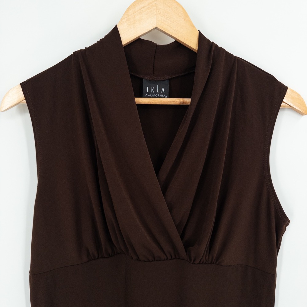 Vintage Y2K Brown Sleeveless Draped Surplice‎ Top Womens L Stretchy Babydoll - Picture 2 of 6